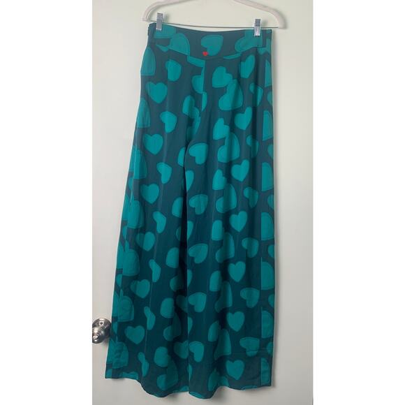 Dear Drew Barrymore Romantic High Waisted Wide Leg Teal Hearts Pants Size 4 - Picture 4 of 12